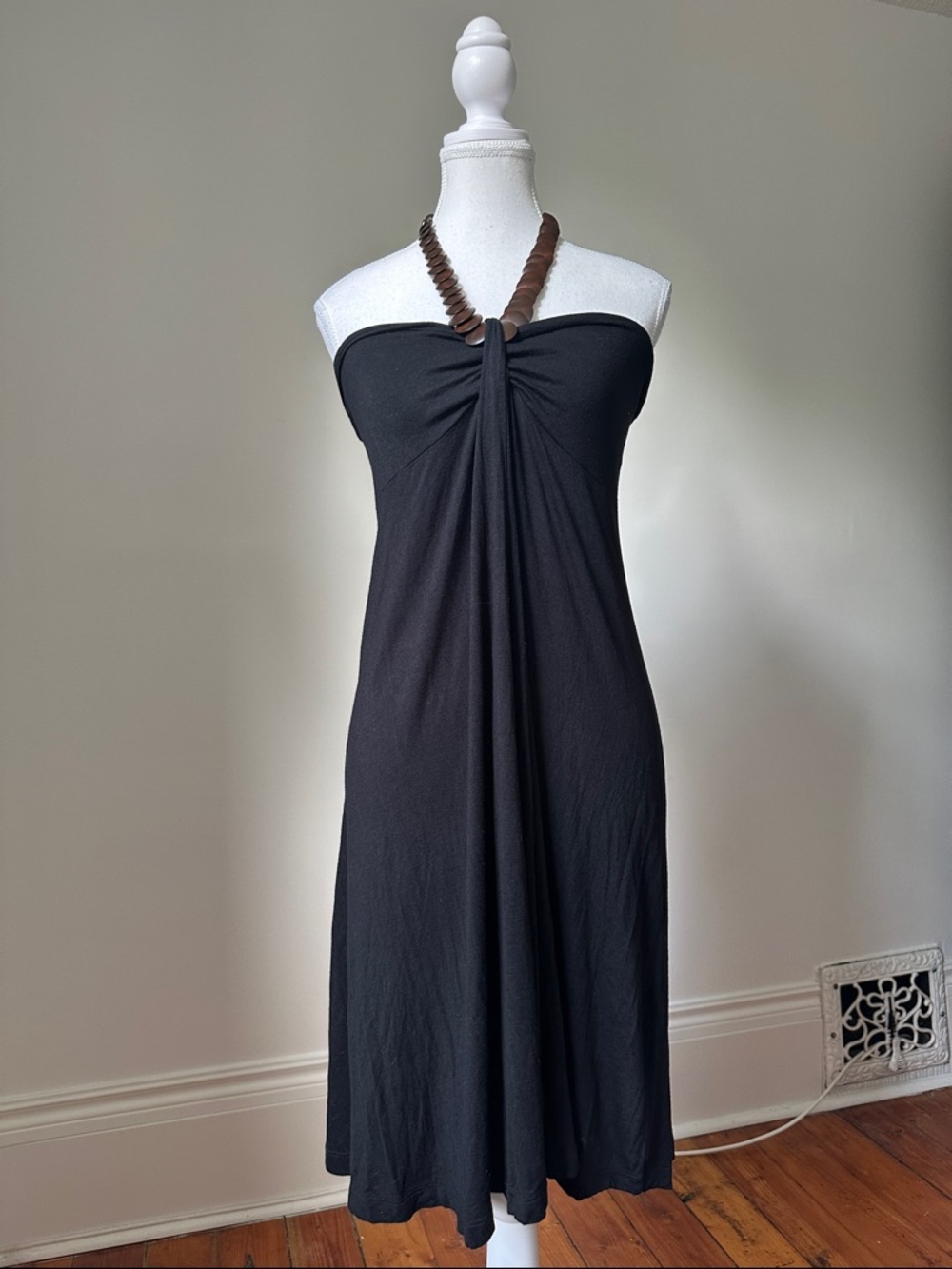 COVER ME Black Y2K Beach Vacation Boho Wood Bead Halter Neck Mini Dress Large